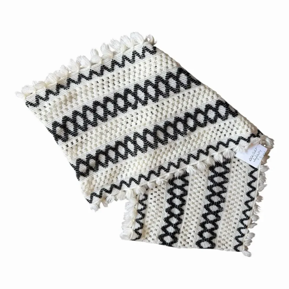 Handmade Black White Gray Crochet Infinity Scarf Zigzag Wave Pattern Fringe Cowl